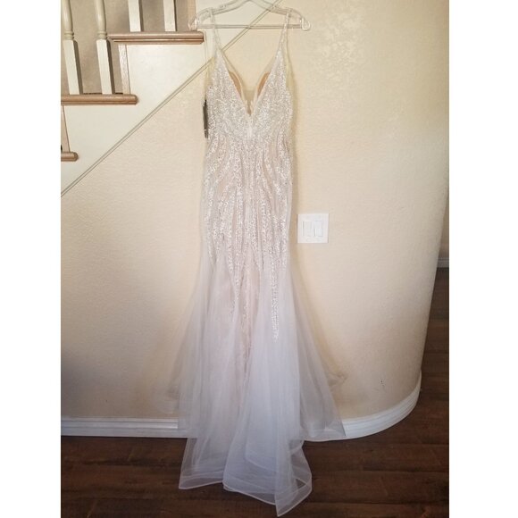 Off White Tulle Chantilly Lace Beaded Sequin Mermaid Wedding Dress 2 - Picture 5 of 9